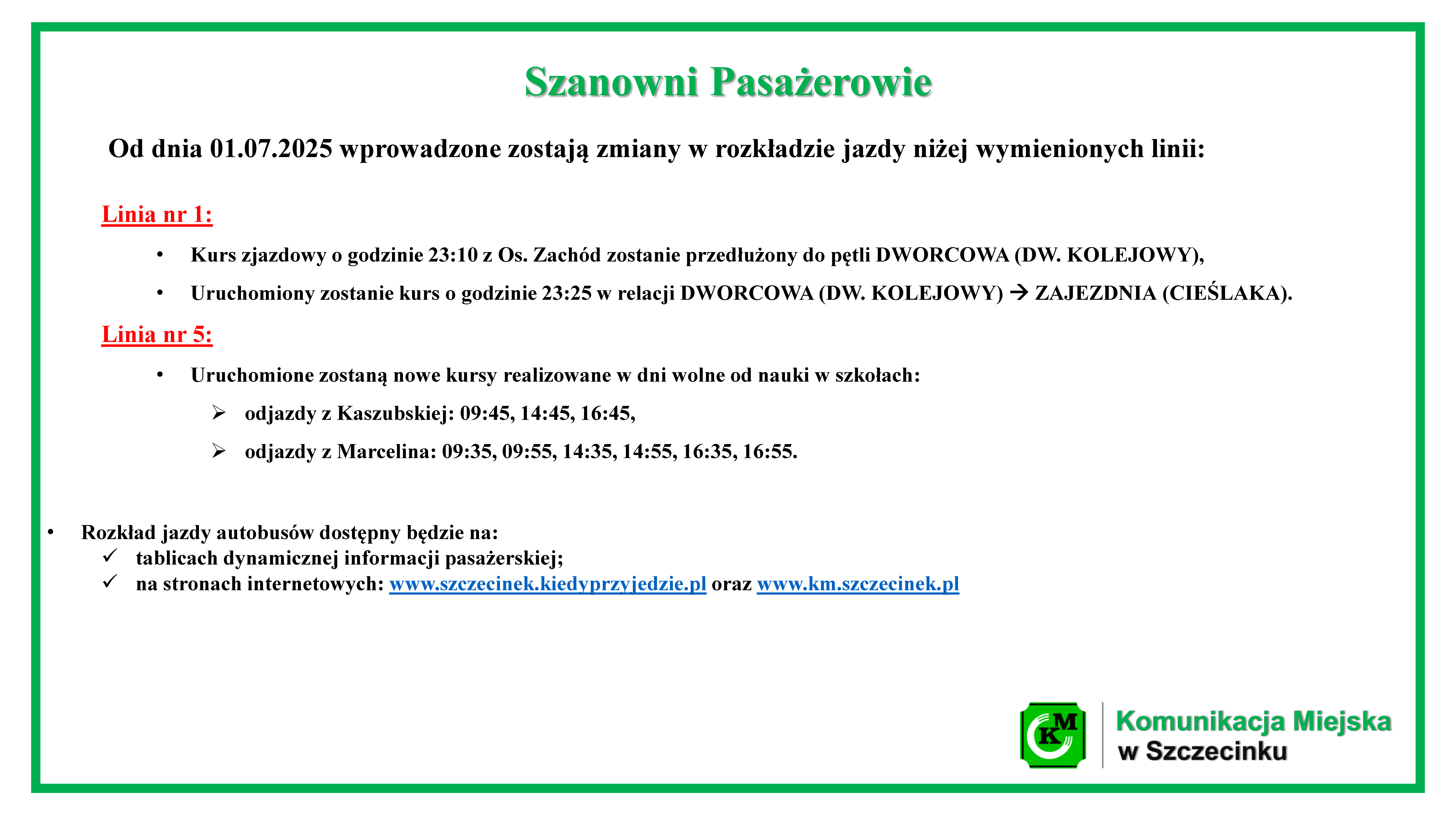 Zmiana rozkładu jazdy od 01.07.2025 r.